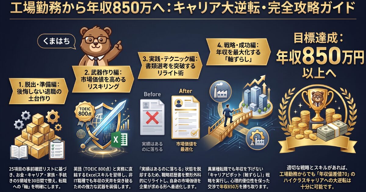 工場勤務から年収850万円を達成するための4ステップを解説したまとめページのアイキャッチ