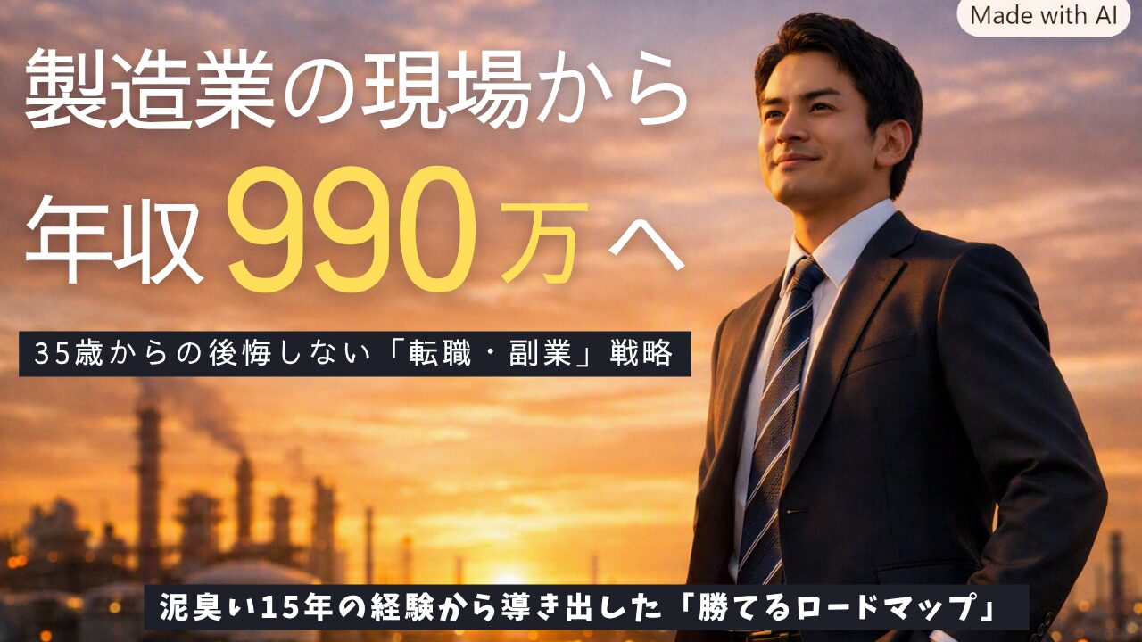 夕暮れの工場地帯を背景に、製造業でのキャリアアップを象徴する男性の姿と『製造業の現場から年収990万円へ。35歳からの後悔しない転職・副業戦略』という文字が記載された、30代・40代向けブログのアイキャッチ画像。