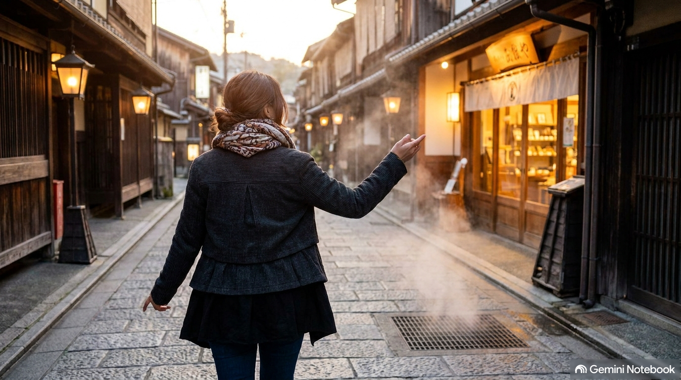 夕暮れ時の美しい温泉街を生き生きと笑顔で散策するアクティブなシニア女性