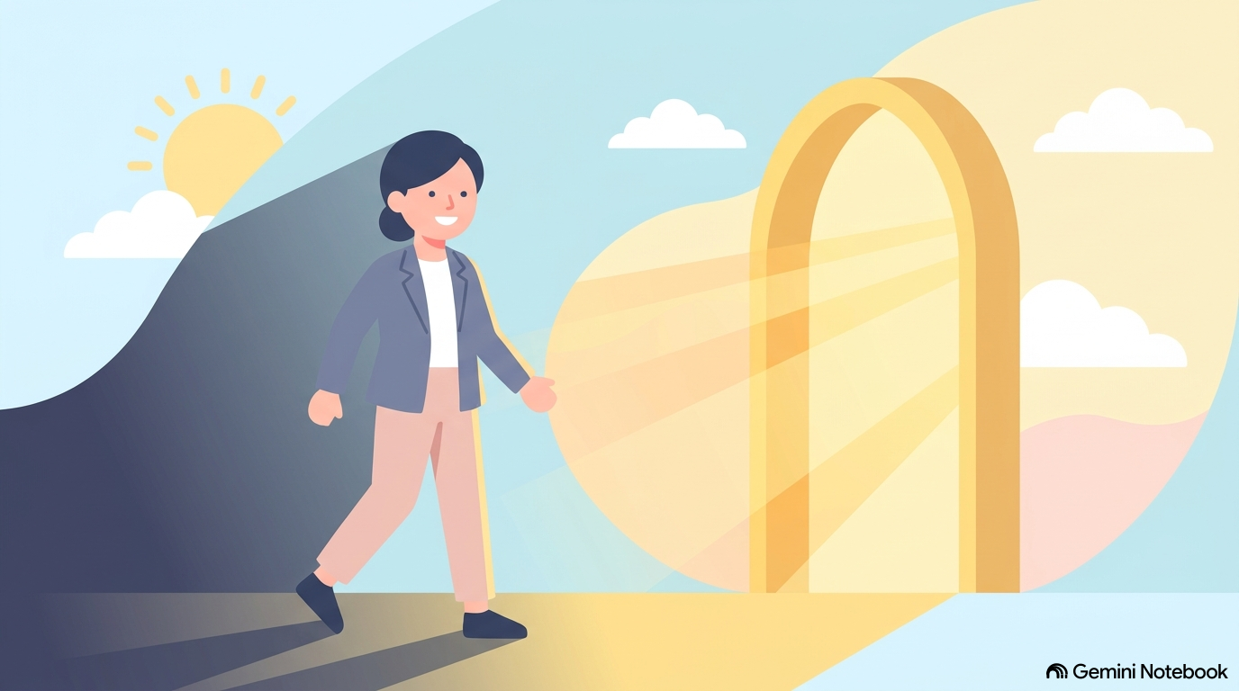 暗い影から抜け出し、黄金に輝く希望の扉へ前向きに進む20代会社員の温かみのあるパステル調イラスト