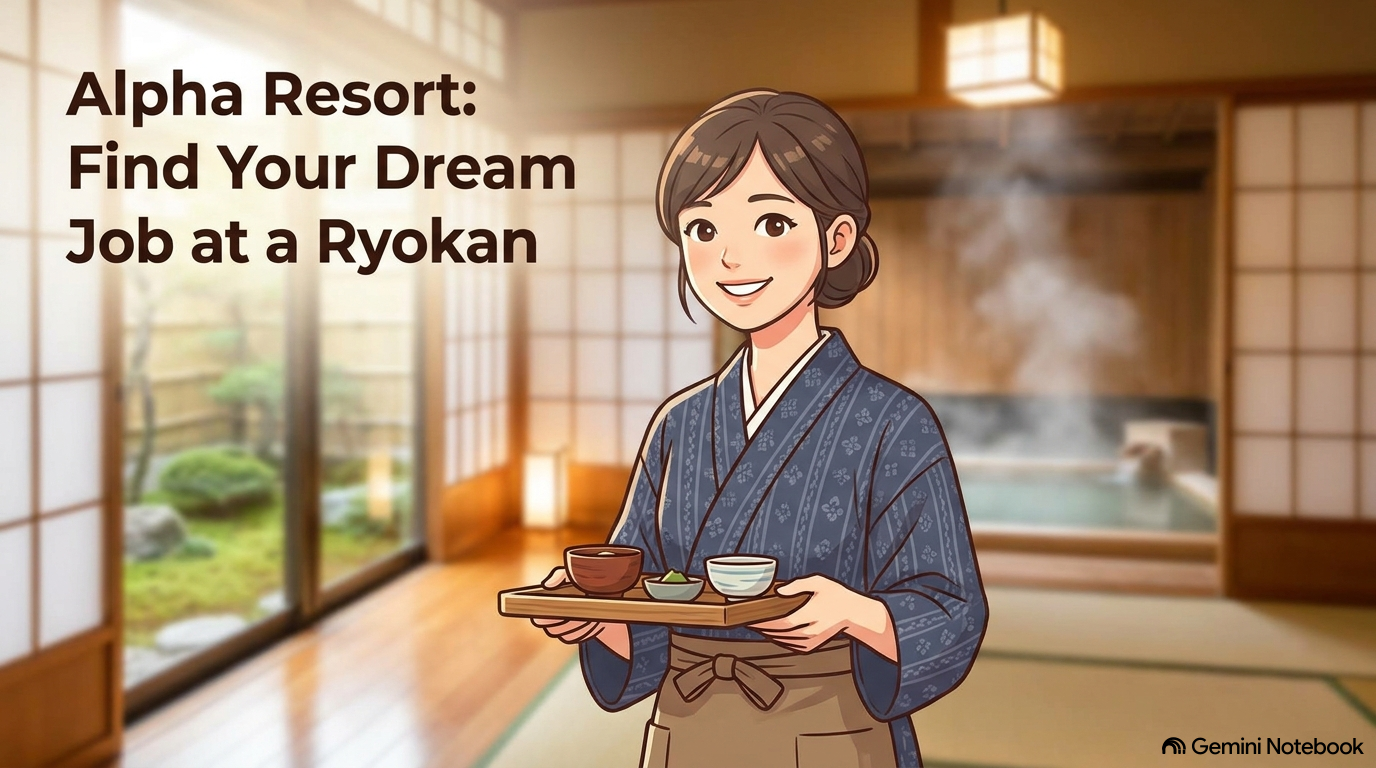 伝統的な高級温泉旅館で上品な作務衣を着て笑顔でお出迎えをするアルファリゾートの仲居スタッフ（高時給リゾートバイトのイメージ）