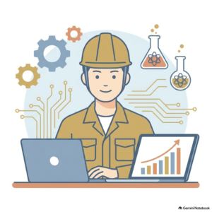 30代・40代の製造業会社員・エンジニアがパソコンでメーカーズジョブの求人や年収データを分析し、自信を持ってキャリアアップへ一歩を踏み出す洗練されたビジネスイラスト（運営者：「くまはち」表記）