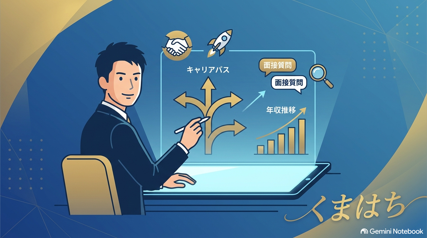 30代のビジネスパーソンがタブレットでワンキャリア転職の年収データや選考体験談を分析し、自信を持ってキャリアアップへ挑むイラスト