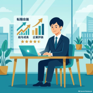30代・40代のビジネスパーソンが転職会議の企業口コミや年収データを分析し、ブラック企業を回避して理想のキャリアを選ぶイラスト（運営者：「くまはち」表記）