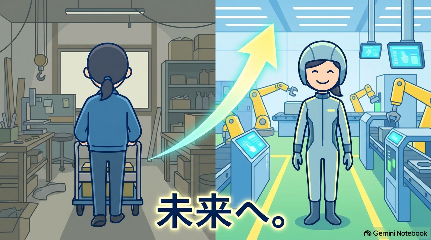 未経験のバックグラウンドから最新のきれいな製造工場へ転職し、笑顔で意欲的に働き始める日本人求職者のイラスト