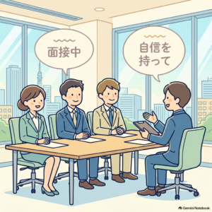 洗練されたオフィスの面接室で、面接官からの質問に笑顔でハキハキと答える自信に満ちた日本人転職求職者のイラスト