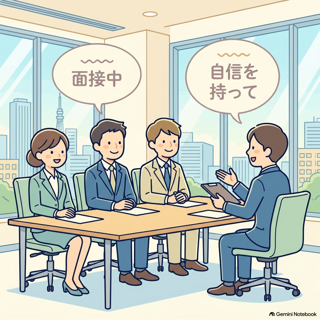洗練されたオフィスの面接室で、面接官からの質問に笑顔でハキハキと答える自信に満ちた日本人転職求職者のイラスト
