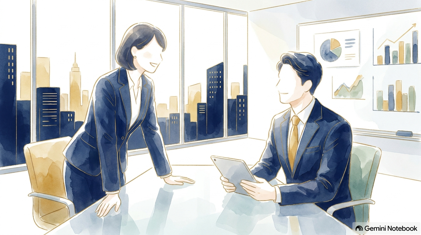 明るい高層オフィスの会議室で、笑顔で自信に満ちた表情の日本人ビジネスパーソンが、専任のハイクラスコンサルタントと温かみのある転職相談をしている様子を描いた、信頼感あふれるブルーとゴールド基調のパステル調イラスト
