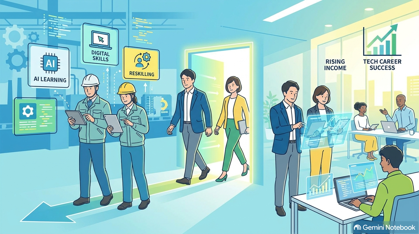 30代・40代の製造業会社員・エンジニアがリスキリングとポータブルスキル翻訳で年収アップ・キャリアチェンジを実現するイメージイラスト