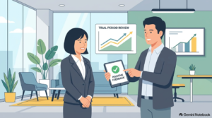 洗練されたオフィスで、試用期間の面談時に上司から高い評価とフィードバックを受け、笑顔で頷いている日本人転職者のイラスト