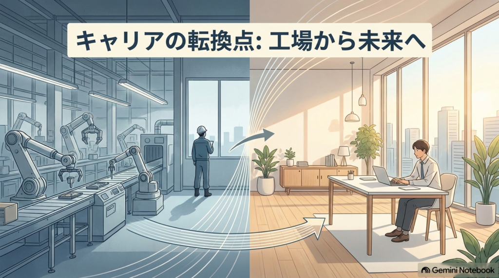 工場現場からモダンなオフィスへと歩みを進める大卒会社員のキャリアチェンジイメージ
