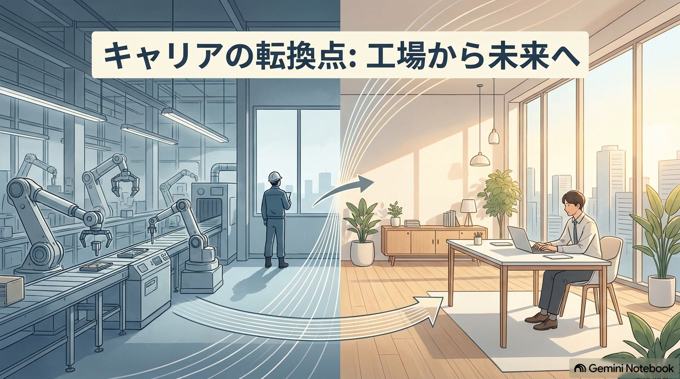 工場現場からモダンなオフィスへと歩みを進める大卒会社員のキャリアチェンジイメージ