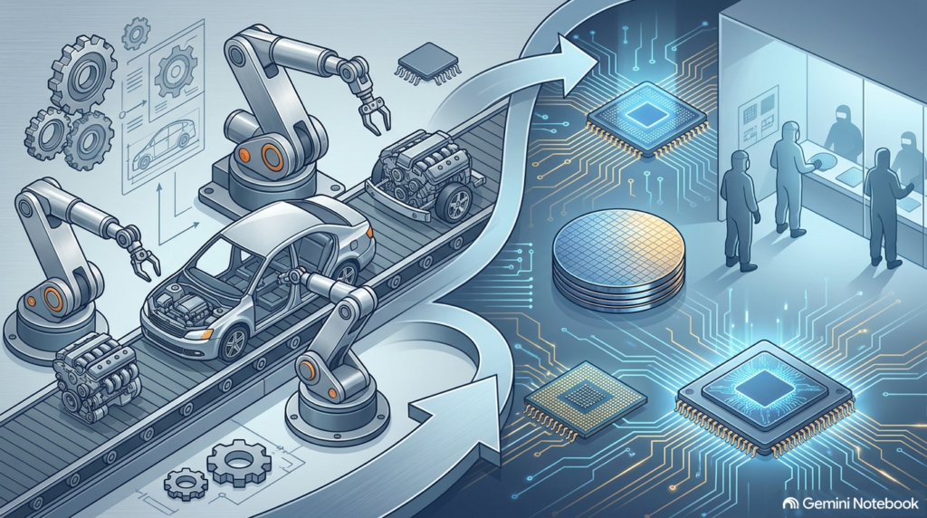 自動車製造のロボットアームから半導体シリコンウェハーと回路へつながるキャリアチェンジのイメージ画像