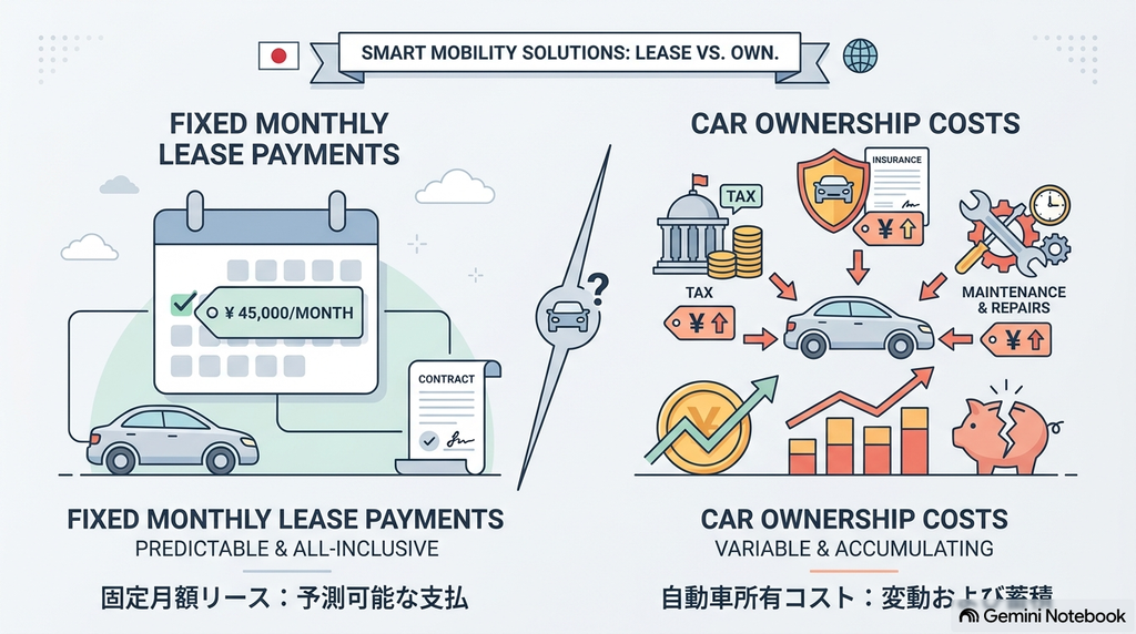 カーリースとカーローンの利率・維持費の違いを表す仕組み解説画像