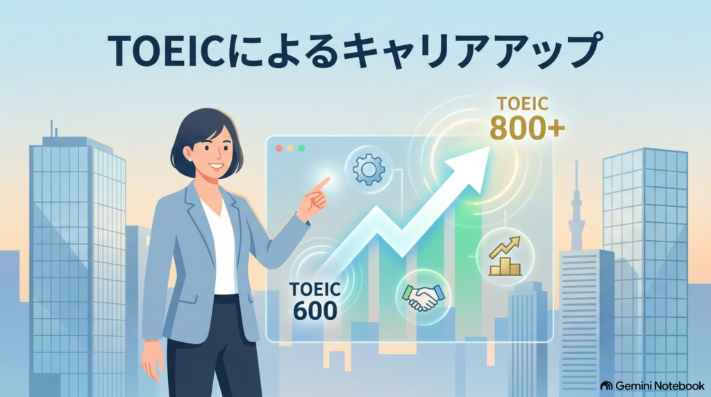 TOEIC800点突破で年収アップとキャリアチェンジを実現する社会人のイメージ画像